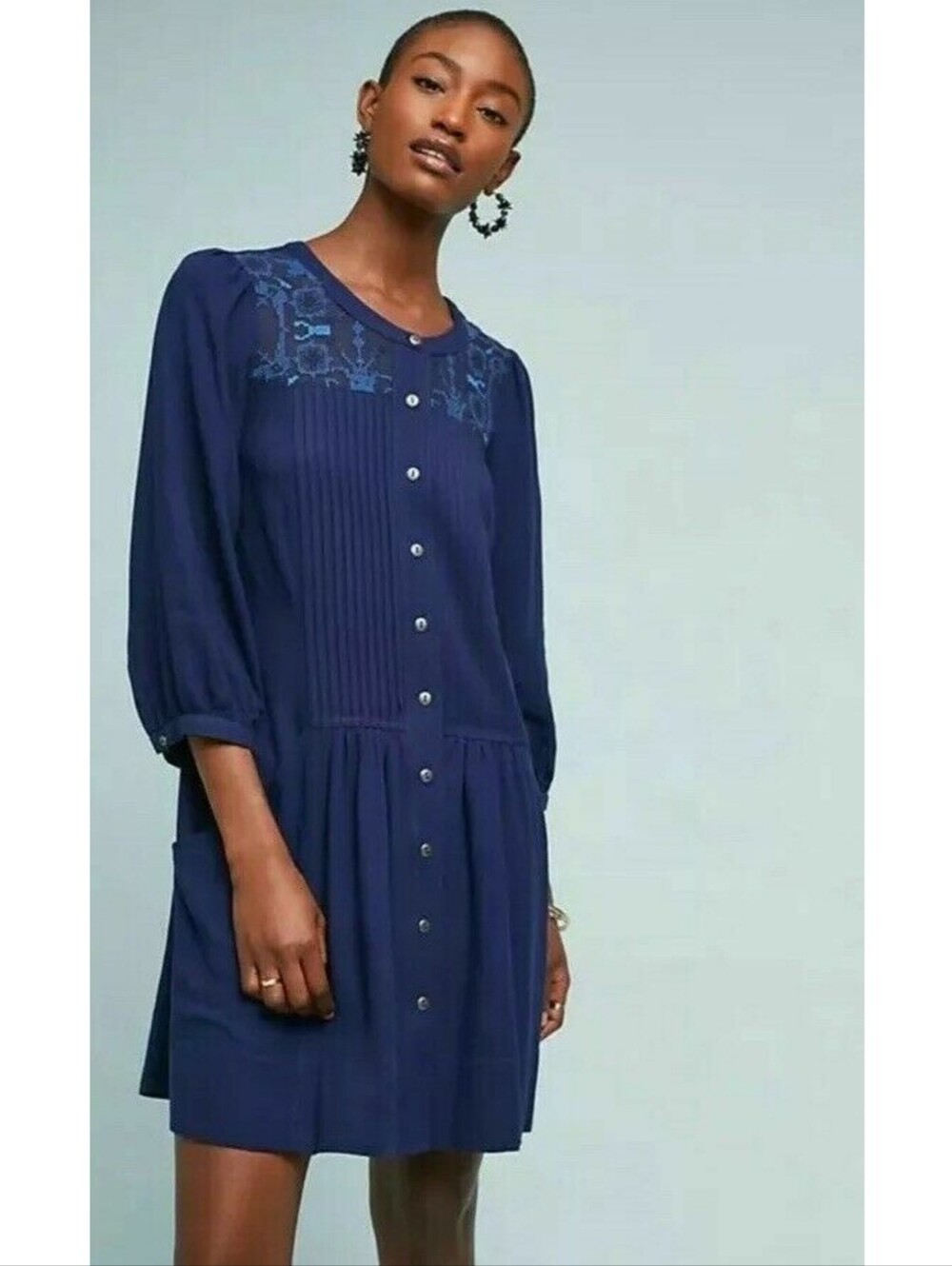 Anthropologie Dubois Navy Blue Embroidered Pleated Tunic Dress Size 10